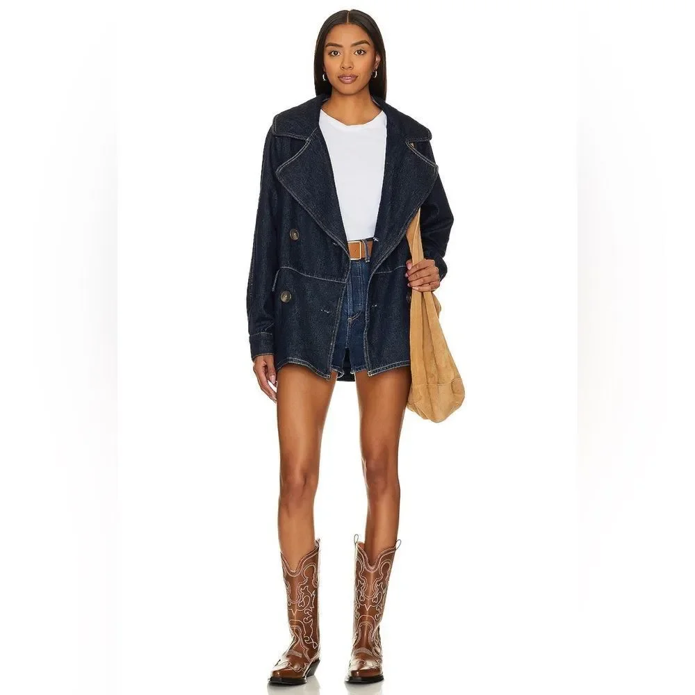 NWOT Free People Denim Car Coat in Rinse Wash Blue Oversized Sz XS 100% cotton